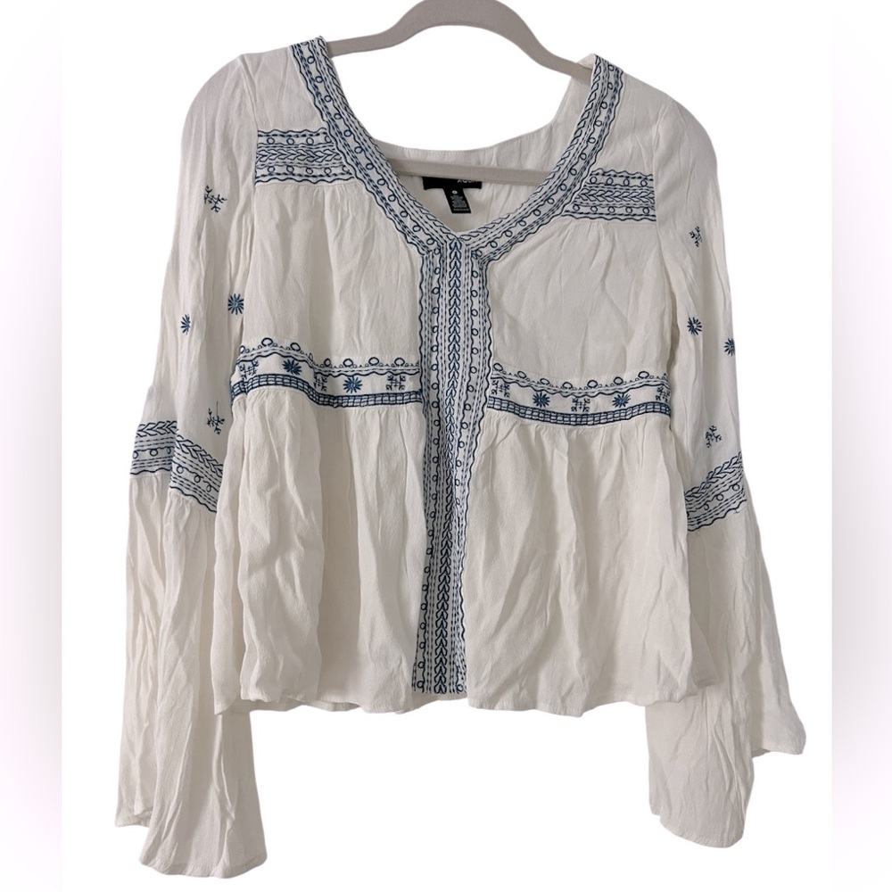 Aqua White and Blue Bell Sleeve Blouse with Embellished Details